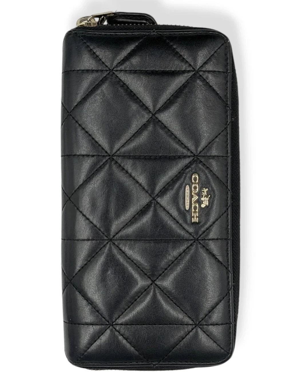 Coach Quilted Wallet Women Smooth Leather Zip Around Gold Logo Organizer Black